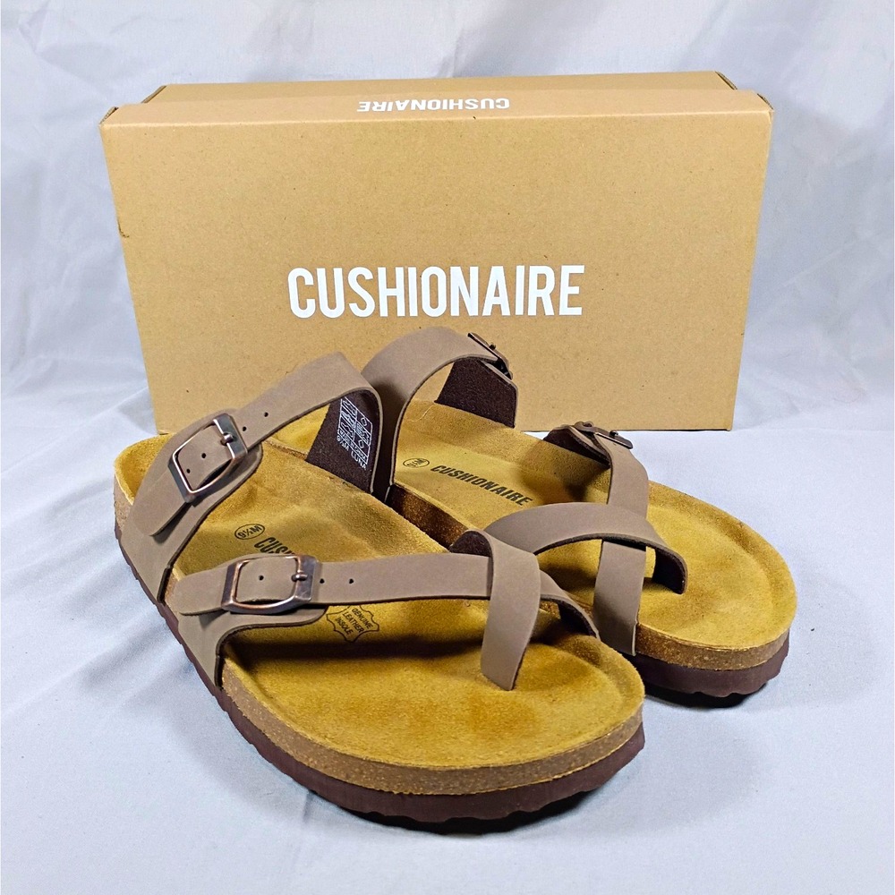 CUSHIONAIRE Women's Brown Leather Strappy Buckle Flat Sandals 9.5 M NIB